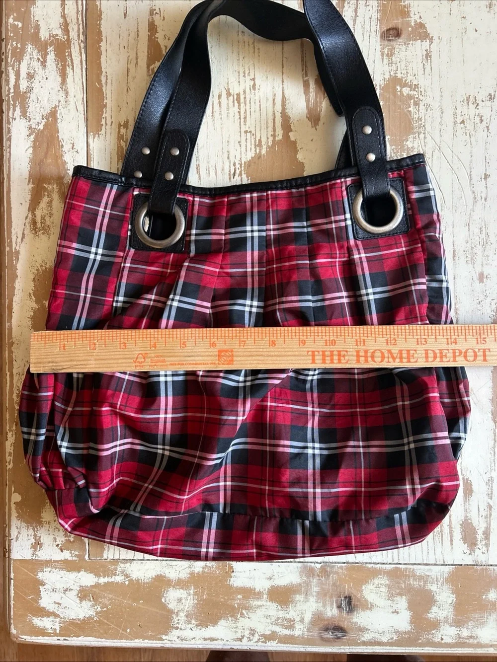Roxy Y2K Red White Black Plaid Tote Bag Purse Button Close Lined Zip Pocket - Picture 5 of 8